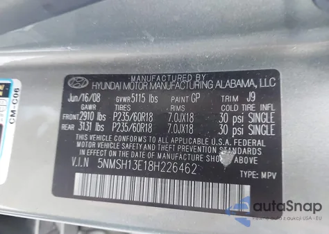 2008 Hyundai Santa Fe Limited/Se z USA, uszkodzony, nr VIN 5NMSH13E18H226462